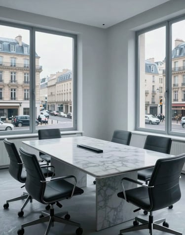 A minimalist and bright boardroom with a large marble table and ergonomic chairs. Large windows looking out over a classic Parisian street with Haussmann architecture. Cool grey and light blue tones.