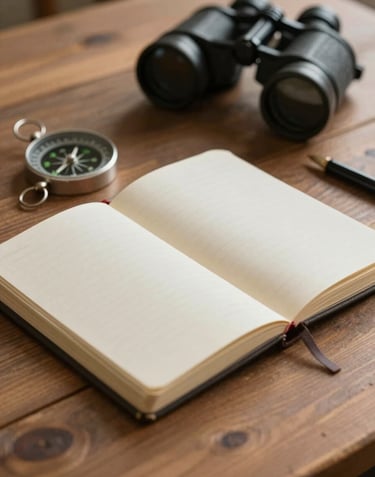 A vertical shot of an open vintage notebook next to a compass and a pair of binoculars on a wooden table, lit by warm natural light. The aesthetic is reliable and thoughtful.