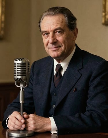 A professional, atmospheric portrait of a Romanian radio presenter from the mid-20th century sitting behind a classic heavy metal microphone. Shot in a warm, low-key lighting setup with gold and deep navy tones. Authentic Eastern European setting, wearing classic vintage formal attire, focusing on the sophisticated and intellectual aura.