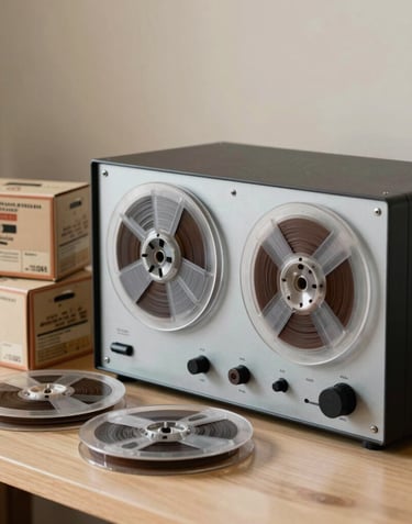 An artistic photograph of a high-end digital audio preservation workstation, where vintage magnetic tape reels are being digitized. Old tape boxes with Romanian annotations rest nearby. Soft, scholarly lighting showcasing a mix of vintage analog warmth and clean modern curation. Colors include warm light gray, slate blue, and terracotta.