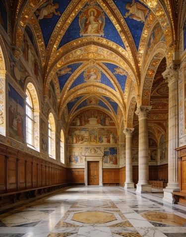 Ornate Italian cathedral interior with gold vaulted ceilings, religious frescoes, and marble floors.
