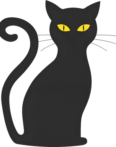 A black cat silhouette illustration with glowing yellow eyes for Halloween themes.