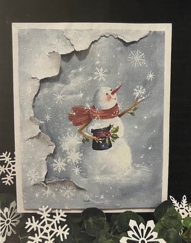 Fran Prebish, Sandra Malone's Beautiful Snowman, snowflakes, torn paper, acrylic, snowflakes