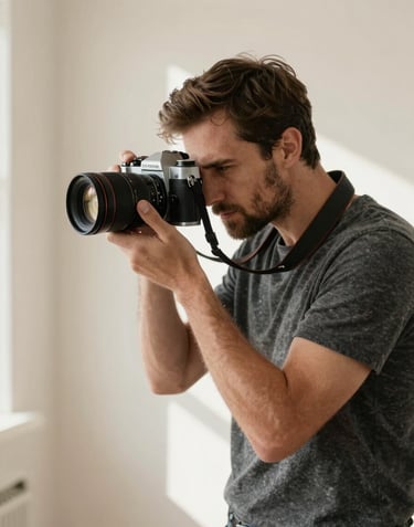 A professional photographer with a vintage-style camera, working in a sunlit North American studio with cream-colored walls. The style is clean and sophisticated, focusing on the artist's dedication to the craft of portraiture.