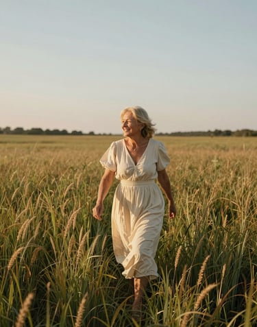 A wide shot of a senior walking through an tall grass field during golden hour, wearing a flowing cream dress. Timeless and joyous mood. North American / US.