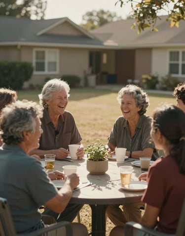 A candid medium shot of a multi-generational family laughing together at an outdoor table in a North American / US backyard. Warm sunlight, cinematic style, with soft sand and warm brown tones.