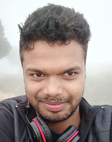 a man with headphones on a foggy day