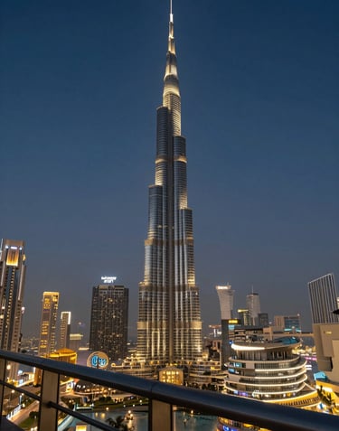 A luxury perspective shot from a high-rise balcony in a Middle Eastern / Gulf city looking towards the Burj Khalifa at twilight, with warm golden sand city lights and a dark navy blue sky.