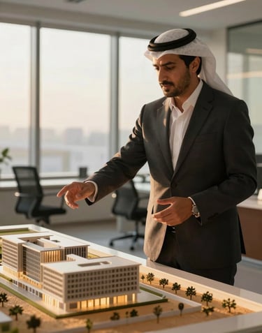 A professional real estate consultant in a modern Middle Eastern / Gulf office environment, gesturing toward a sleek architectural model, illuminated by warm golden sand sunset light.