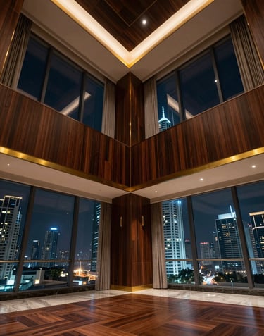 Wide shot of a luxury South Asian penthouse interior, double-height ceilings, dark wood finishes, gold accents, floor-to-ceiling windows showing Mumbai city lights.