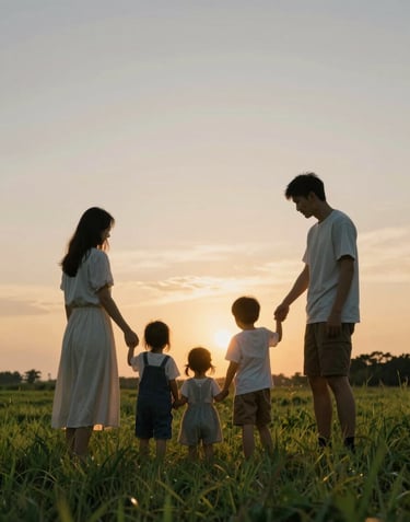 A young family playing in a grassy North American field at dusk, soft cinematic lighting, silhouettes against a golden sky.