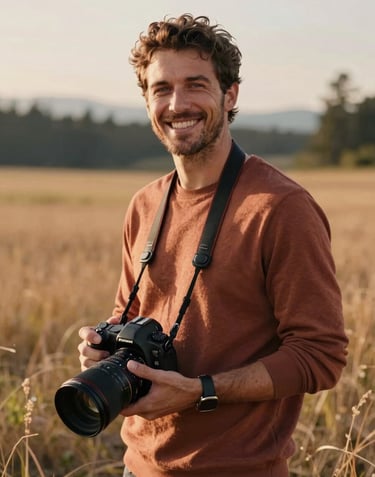 A lifestyle portrait of a friendly photographer with a warm smile, standing in a sun-drenched field in the North American Pacific Northwest, cinematic lighting with Terracotta and Soft Sand tones.