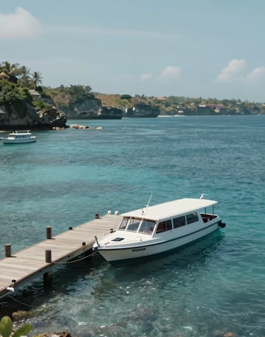 The private jetty at Nusa Penida with a Maruti Duta II boat docked. The water is clear blue, and the atmosphere is calm and organized. Wide angle shot, cinematic lighting with #78909C and #1B2D3B sea tones.