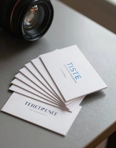 High-end photography of elegant business cards fanned out on a sleek table in a well-lit International / Western studio, featuring subtle Light Steel Blue branding.