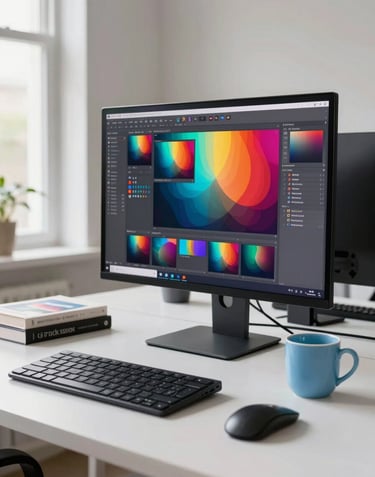 A wide-angle shot of a bright, modern International / Western graphic design workspace. A large monitor displays vibrant creative work. The desk is organized with a few design books and a Soft Sky Blue ceramic cup. Natural light fills the room.