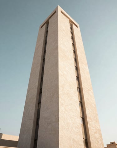 Exterior architectural shot of the Sanad Medical Tower from a low angle, showcasing its height and minimalist aesthetic against a bright clear sky in Minia, Egypt.