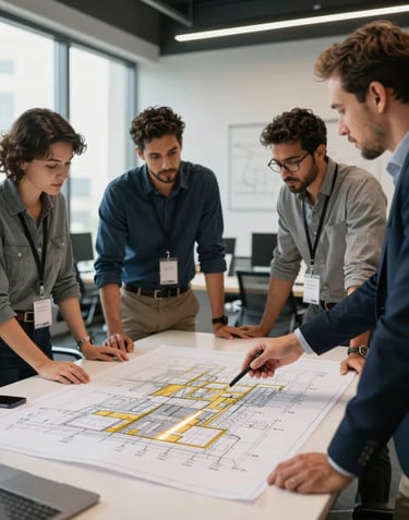Professional team of architects and developers in a modern office in Egypt, discussing a master plan with gold-tinged architectural drawings on the table.