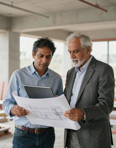 A professional portrait of a senior architect and site manager reviewing blueprints on a digital tablet at a modern construction site. Professional attire, South Asian context, architectural excellence.