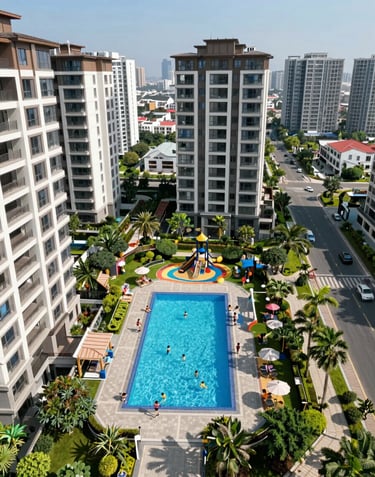 Aerial view of a landscaped residential complex with a swimming pool and children's play area, showing modern urban planning in a South Asian city. Sunny day, clear sky.