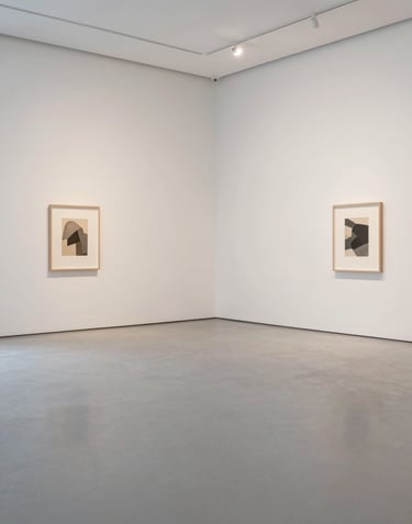 A wide-angle, minimalist view of a gallery interior with soft gray floors and off-white walls, airy and calm atmosphere, Global / Contemporary Art.