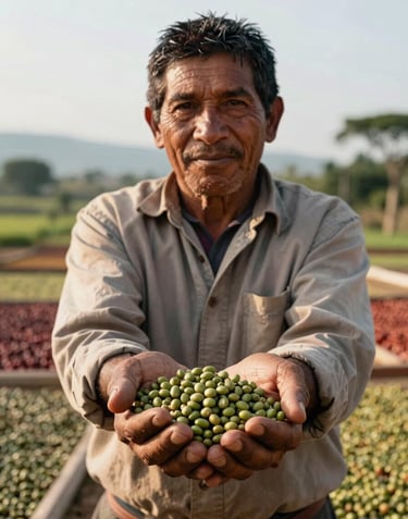 A portrait of a weathered but proud coffee farmer's hands holding a handful of raw green coffee beans. The hands show a lifetime of craftsmanship. South American / Latin context, authentic attire, soft afternoon lighting in a drying yard.