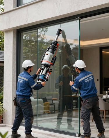 An action shot of a professional construction crew in clean, branded gear using a specialized vacuum lifter to install a large format glass panel into a luxury villa frame. High-tech, safe, and professional environment.