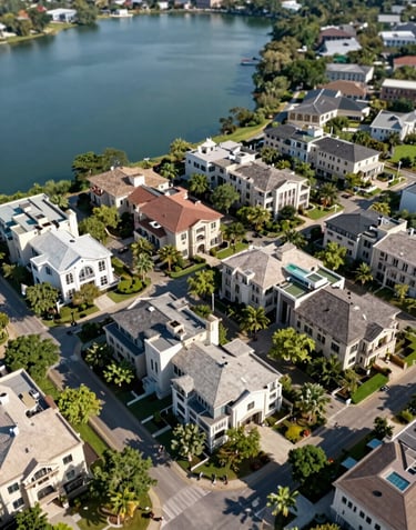 Aerial view of a luxury residential community in Austin near the lake, showing beautiful architectural rooftops and lush green spaces. High-quality drone photography with a focus on scale and exclusivity.
