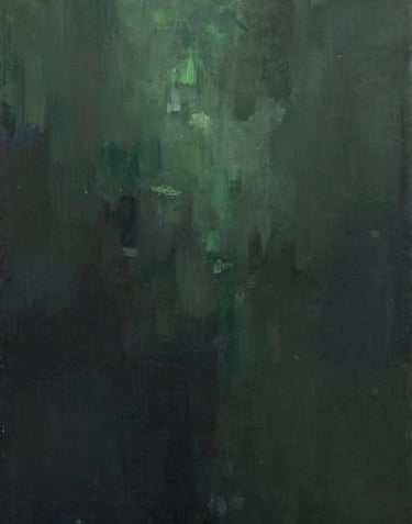 A contemplative abstract painting featuring a deep #1A1A1A base with ethereal strokes of #6B705C green. The composition is off-center, drawing the viewer into a sense of calm and wonder. Style is elegant and modern.