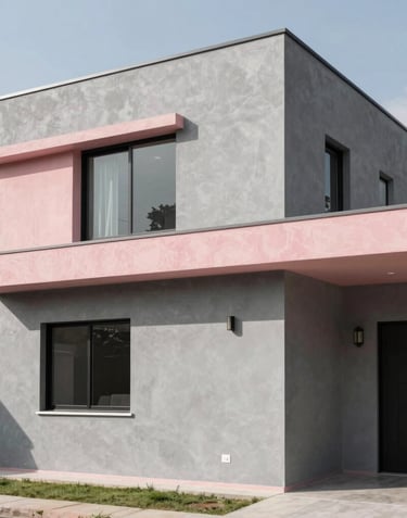 Clean, modern facade of a contemporary Latin American home, showing the transition from grey work to finished plaster with soft pink and black architectural details, daylight, professional photography.