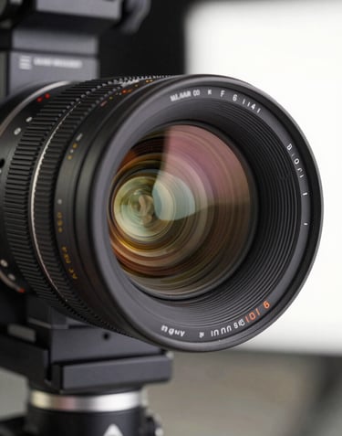 Close-up of a high-end anamorphic cinema lens reflecting a brightly lit North American soundstage. The composition is sleek and technical, emphasizing precision and professional innovation.