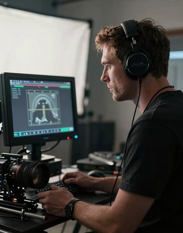 A cinematic shot of a film director wearing headphones, looking at a production monitor on a professional North American movie set, moody atmosphere with soft white and deep black contrasts.