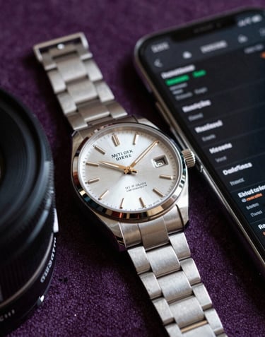 A close-up photograph of a luxury silver watch next to a smartphone displaying a sleek, dark-themed stock trading application. Set in a North American / US private club with deep purple accents.