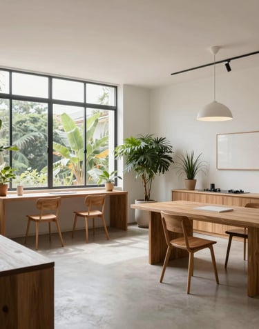 A wide, bright minimalist design studio in Brazil with large windows, green plants, and clean wooden furniture, shot in a professional architectural photography style.