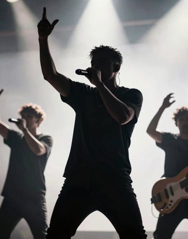 Action shot of P.E.P YLS performing on stage with dramatic backlighting and silhouettes. The energy is powerful and confident, utilizing a palette of #0A0A0A and #F5F5EB for contrast.