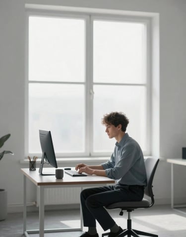 A minimalist studio interior featuring a large window. A creative professional is seen in a moment of focused work at a sleek desk. The mood is clean and inviting with primary colors #E0E1DD and #778DA9.