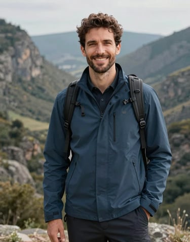 Portrait of a friendly Southern European tour guide in smart outdoor attire, standing in front of a scenic valley. Soft natural lighting, professional and modern style, muted blue and charcoal tones.