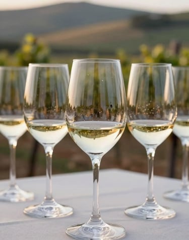 Close-up of a wine tasting at a Southern European vineyard. Elegant crystal glasses filled with white wine, set against a background of rolling hills at golden hour. Sophisticated and serene exploration vibe.