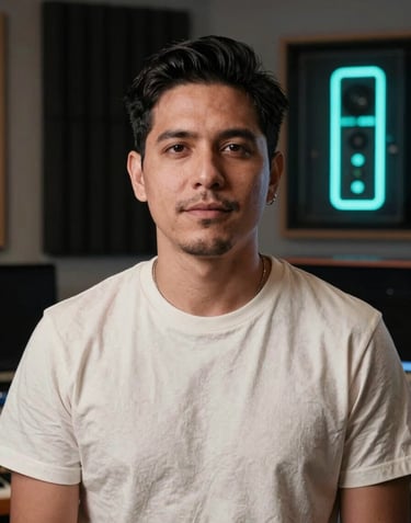 Professional portrait of a male producer in a modern South American / Colombian music studio. Soft off-white light on his face, background with midnight black acoustics and neon cyan gear lights.