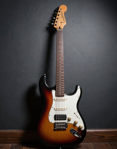 An elegant electric guitar resting against a dark grey wall, illuminated by a single soft white spotlight. High contrast, cinematic photography in a South American / Colombian creative space.
