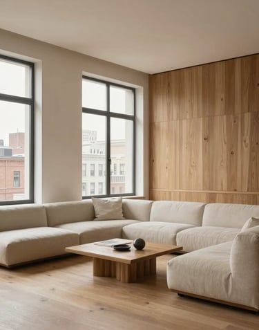 A wide-angle photograph of an elegant, minimalist living room with large windows. The interior features natural wood textures and a palette of Warm Tan and Crisp Parchment, in an International urban setting.