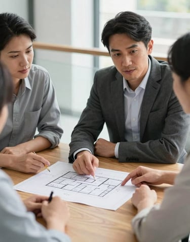 A professional real estate consultation in a bright, modern office. An agent and clients are reviewing architectural plans on a wooden table, emphasizing a trustworthy and approachable partnership.