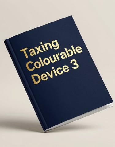 A 3D tilted book cover mockup titled 'Taxing Colourable Device' with gold foil accents on a deep midnight navy background, floating over a clean ivory surface with soft drop shadows.
