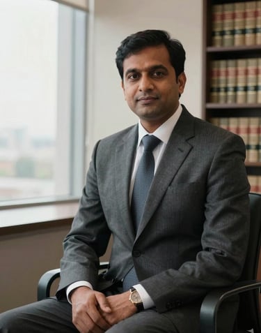 Portrait of a distinguished South Asian professional in a charcoal suit, sitting in a modern office with large windows, ivory walls, and a collection of law books in the background.