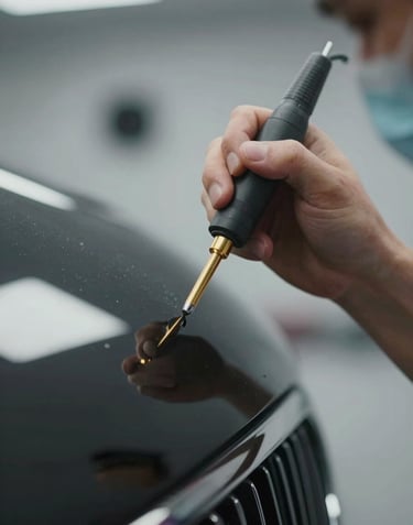 Close up of a professional PDR technician's hand using a specialized gold-colored rod tool to massage a dent out of a luxury vehicle. Sharp focus on the tool and the craftsman's precision.