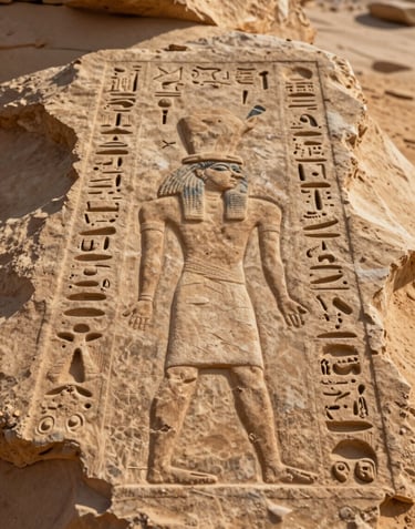 Macro photography of intricate ancient Egyptian hieroglyphics carved into desert sand colored limestone. Soft morning light creates shadows that highlight the depth and detail of the carvings.