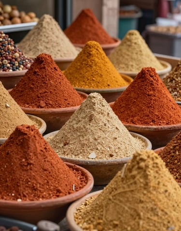 A vibrant and artistic shot of Moroccan spice pyramids in a medina market, showing colors of warm terracotta, soft sand, and ochre.