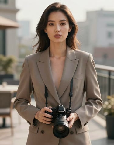A professional portrait of a woman with a camera, exuding confidence and grace. She is wearing a structured earthy taupe blazer. The background is a blurred North American / European urban terrace in soft morning light.