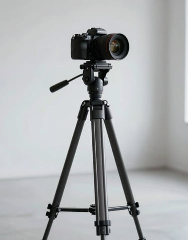 A sleek professional camera tripod standing in a brightly lit empty studio. Minimalist composition with a light gray and white color scheme. International / Professional.