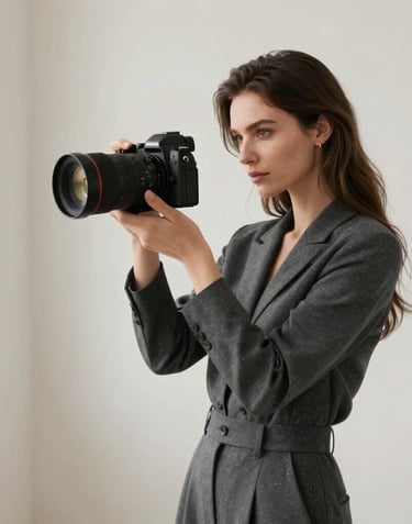Professional portrait of a female photographer in a sleek charcoal grey outfit, holding a high-end camera, standing in a bright minimalist studio with soft off-white walls, sophisticated composition, International / Professional.