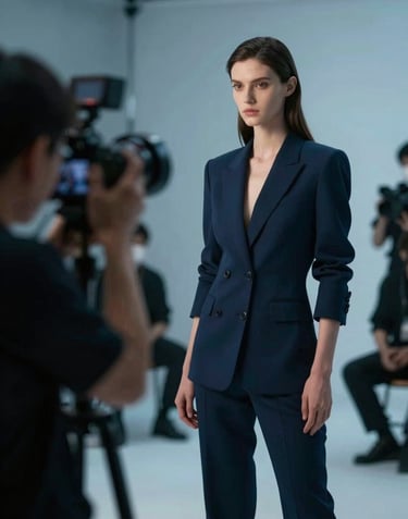 A professional fashion photoshoot in progress for a film campaign. A model posing with a cinematic background, a photographer using high-end gear. Style is modern and artistic with a focus on #0B1E22 and #1A5E63 tones.